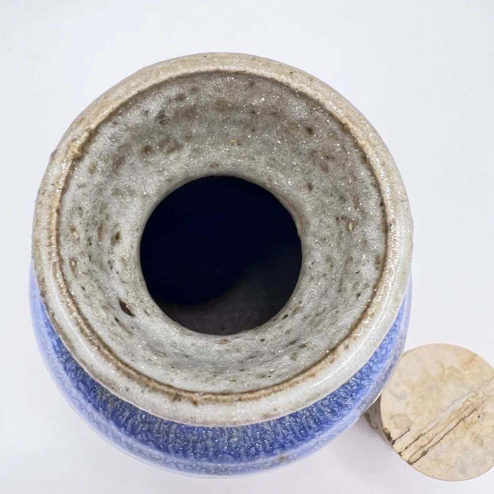 Vtg Signed Studio Pottery Oil Lamp Bud Vase Stoneware Earthy Blue Abstract 4